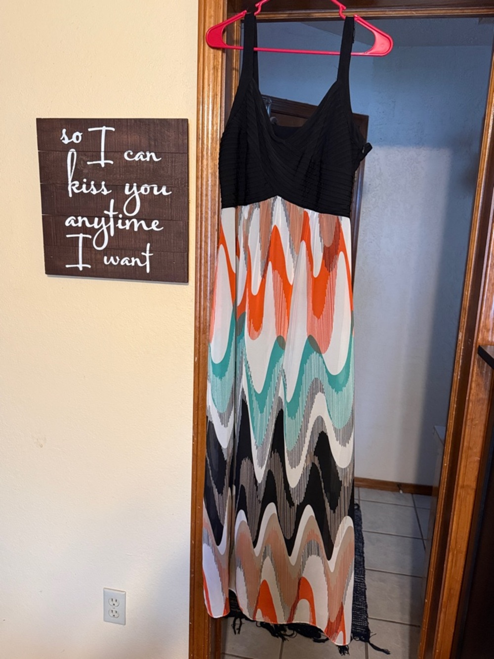 Signature by Robbie Bee Black Bodice Multicolor Wave Maxi Dress